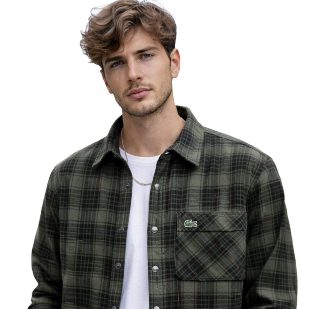Lacoste Reversible Black Plaid Snap Button Shacket Preppy